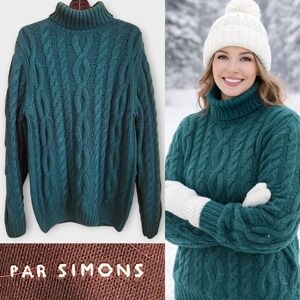 Simons Teal Cable Knit Chunky‎ Turtleneck Sweater Large Unisex